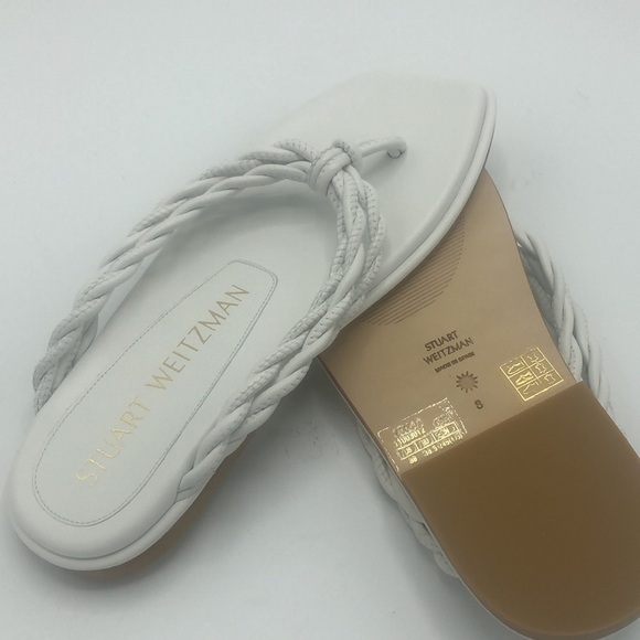 Stuart Weitzman White Calypso Leather Flat Thong Braided Sandals - Picture 2 of 7